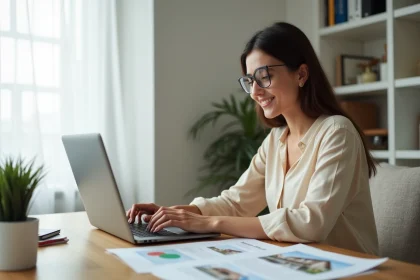 Femme consultant des annonces immobilières sur un site internet depuis son bureau à domicile