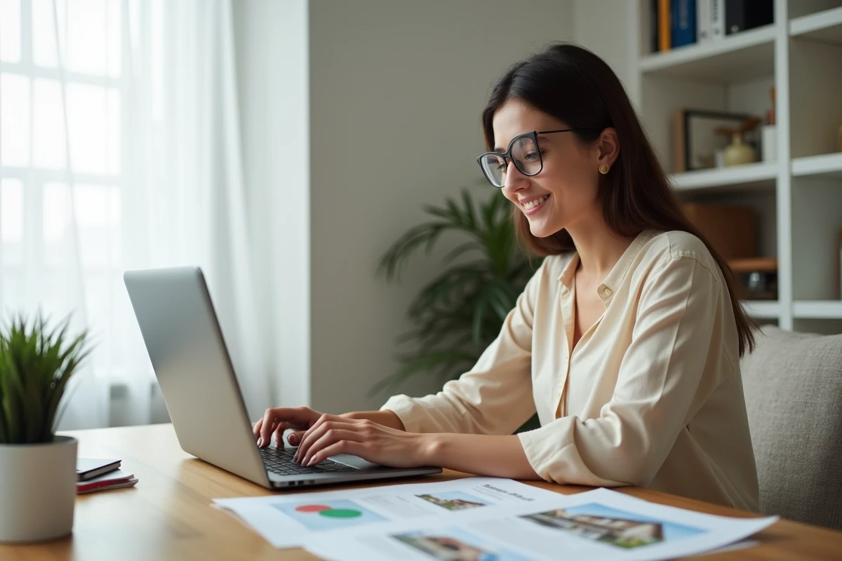 Femme consultant des annonces immobilières sur un site internet depuis son bureau à domicile