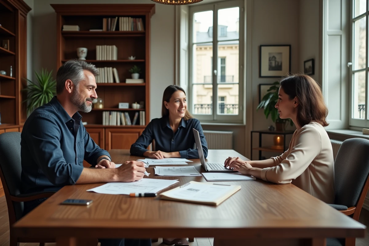 Couple discutant de l'estimation de leur bien immobilier de prestige avec un conseiller dans une agence haut de gamme