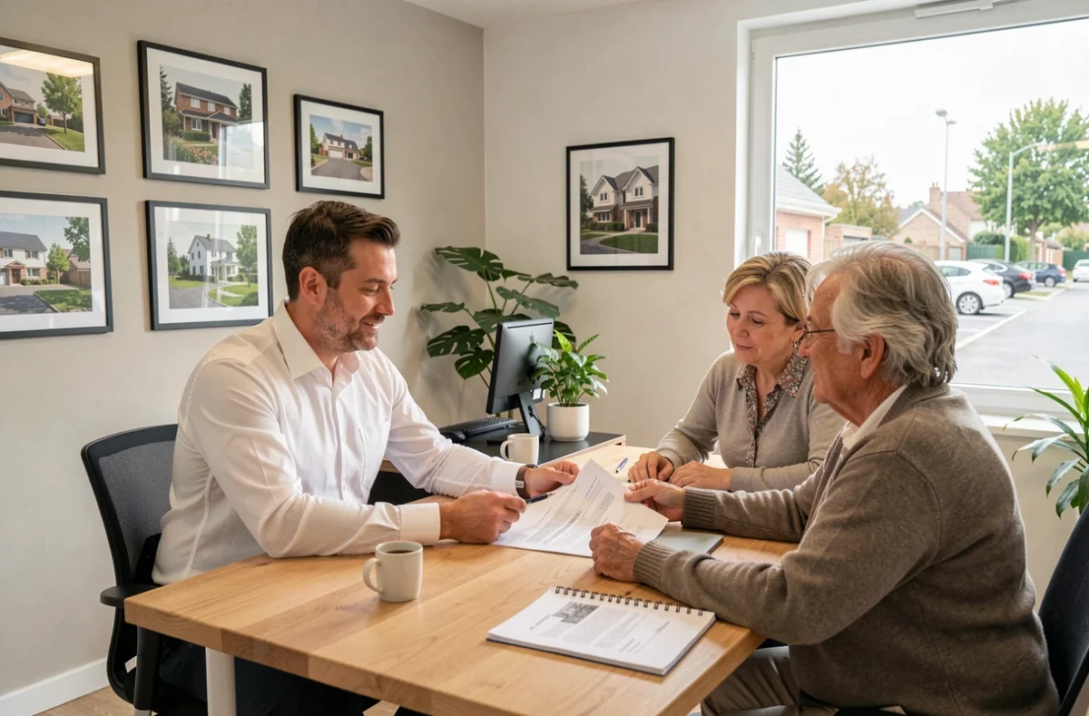 Réunion de conseil immobilier dans les bureaux de KALIMMO à Soyans, agent et clients discutant d'un projet