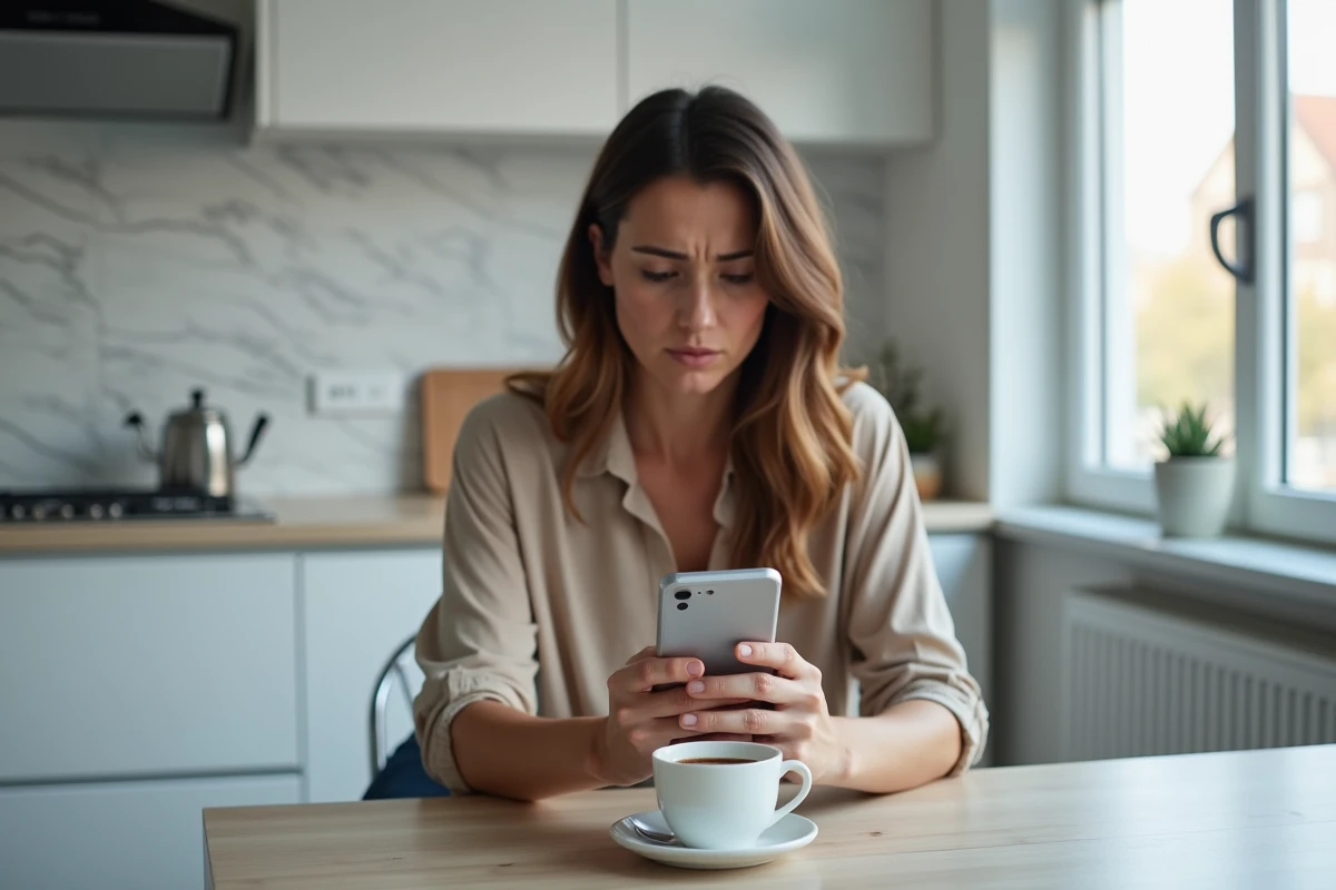 Femme inquiète consultant un notaire en ligne depuis chez elle, smartphone en main à la table de la cuisine