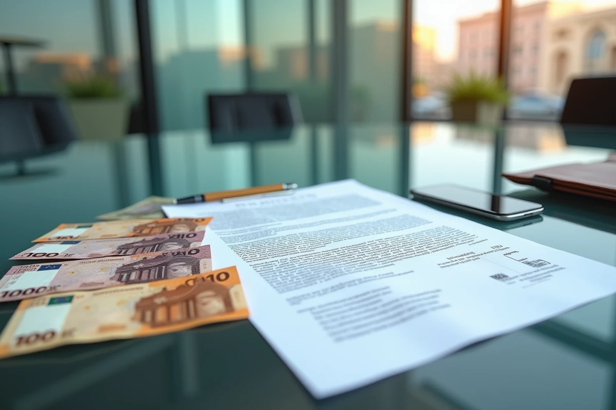 Contrat de vente immobilière à Marrakech avec billets en dirhams marocains et euros sur un bureau de notaire