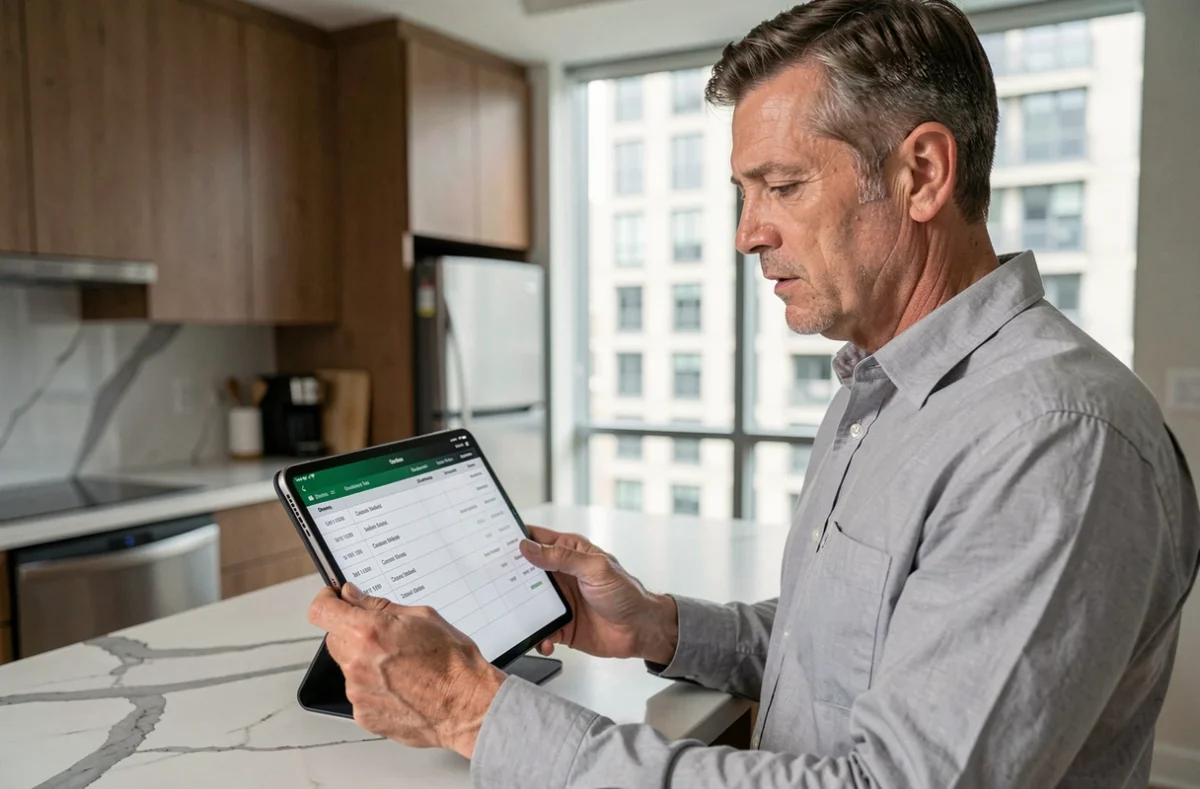 Copropriétaire vérifiant les données d'un registre numérique sur tablette dans un appartement moderne