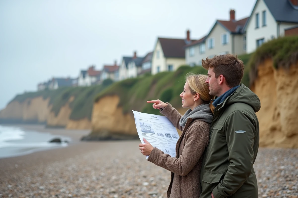 Couple examinant des maisons en bord de mer normand face à une falaise en érosion avant un achat immobilier
