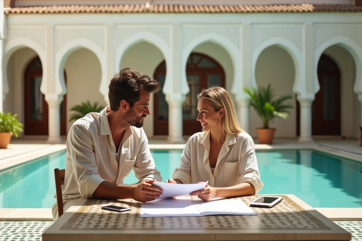 Couple étudiant des documents d'achat immobilier dans le patio d'un riad avec piscine intérieure à Marrakech