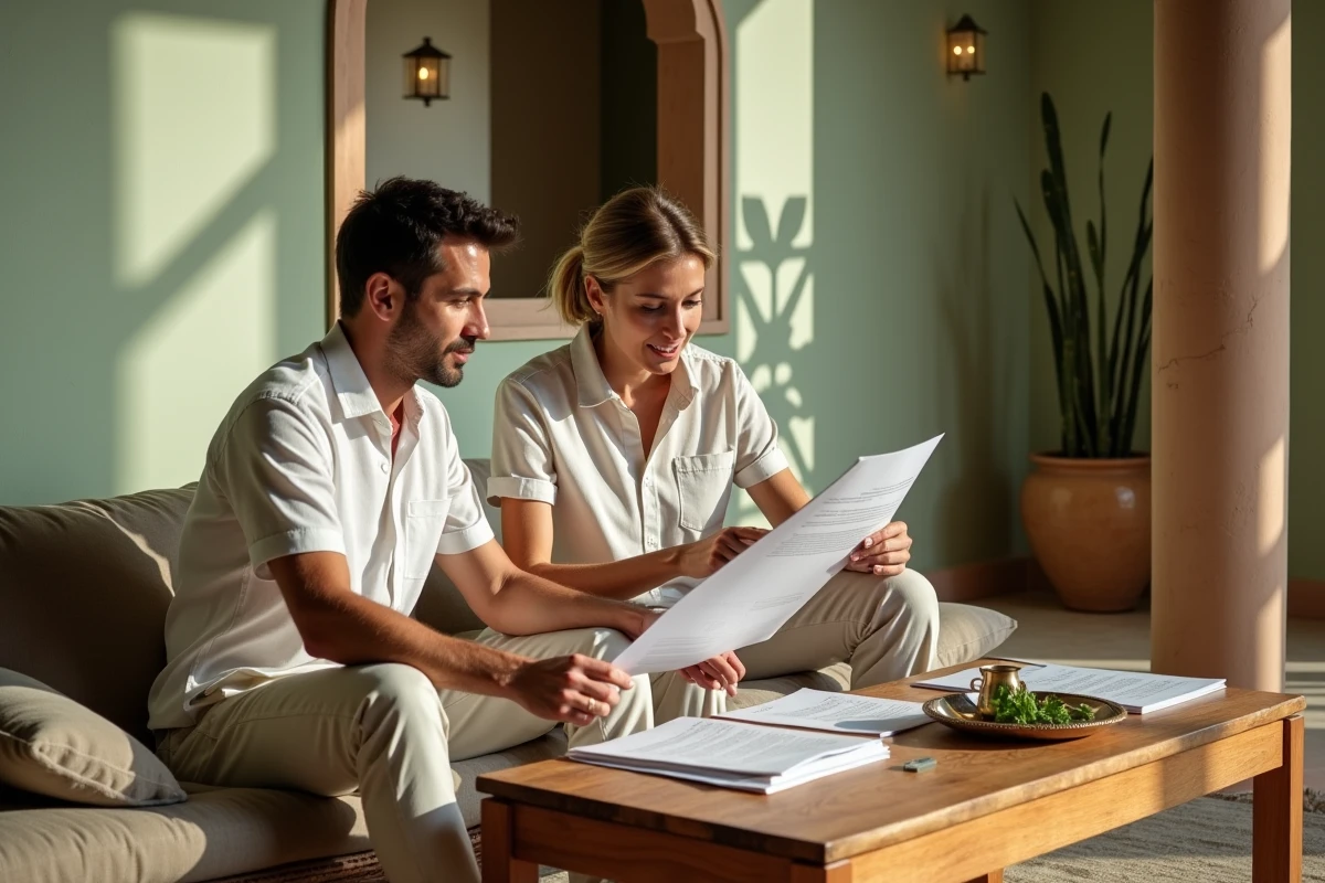 Couple d'acheteurs étrangers étudiant un contrat d'achat immobilier et des documents fiscaux dans un riad de Marrakech