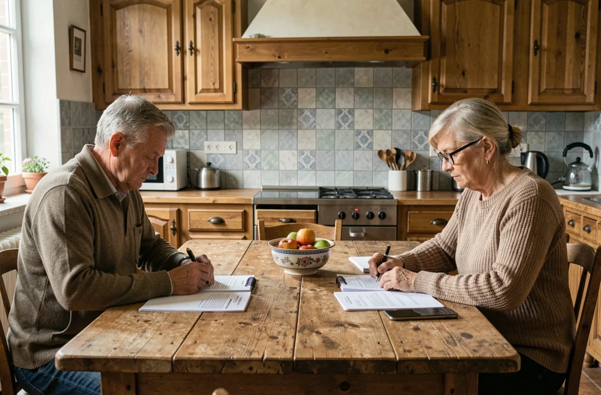 Couple assis à une table de cuisine mosellane, séparés par des documents de vente immobilière lors d'une procédure de divorce