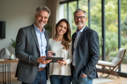 Couple souriant avec agent immobilier dans un salon moderne