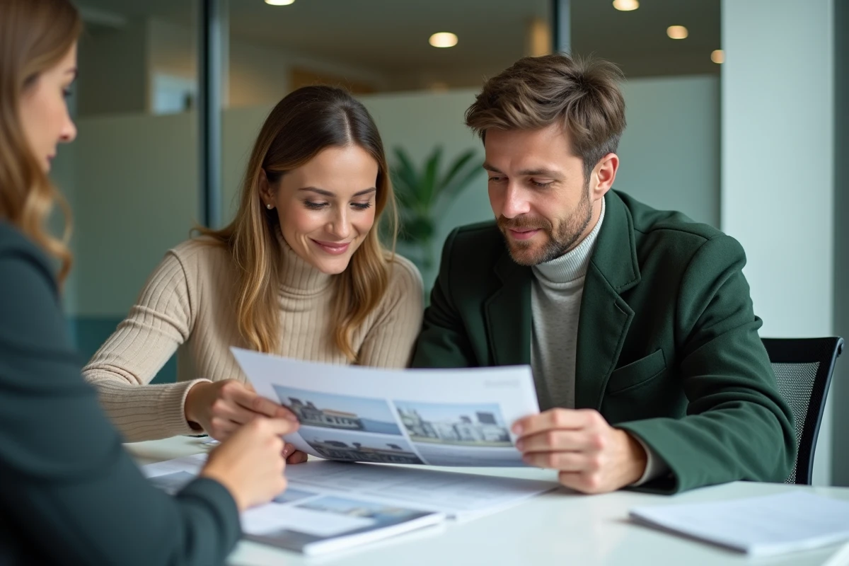 Couple étudiant un dossier d'investissement immobilier avec un conseiller, représentant les services proposés sur akerys-immobilier.fr