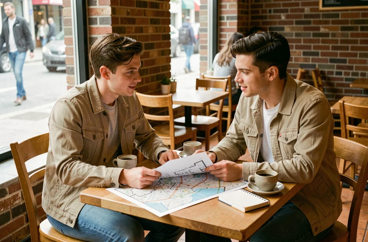 Couple planifiant leur recherche de logement proche du travail autour d'une carte et de plans d'appartements dans un café urbain