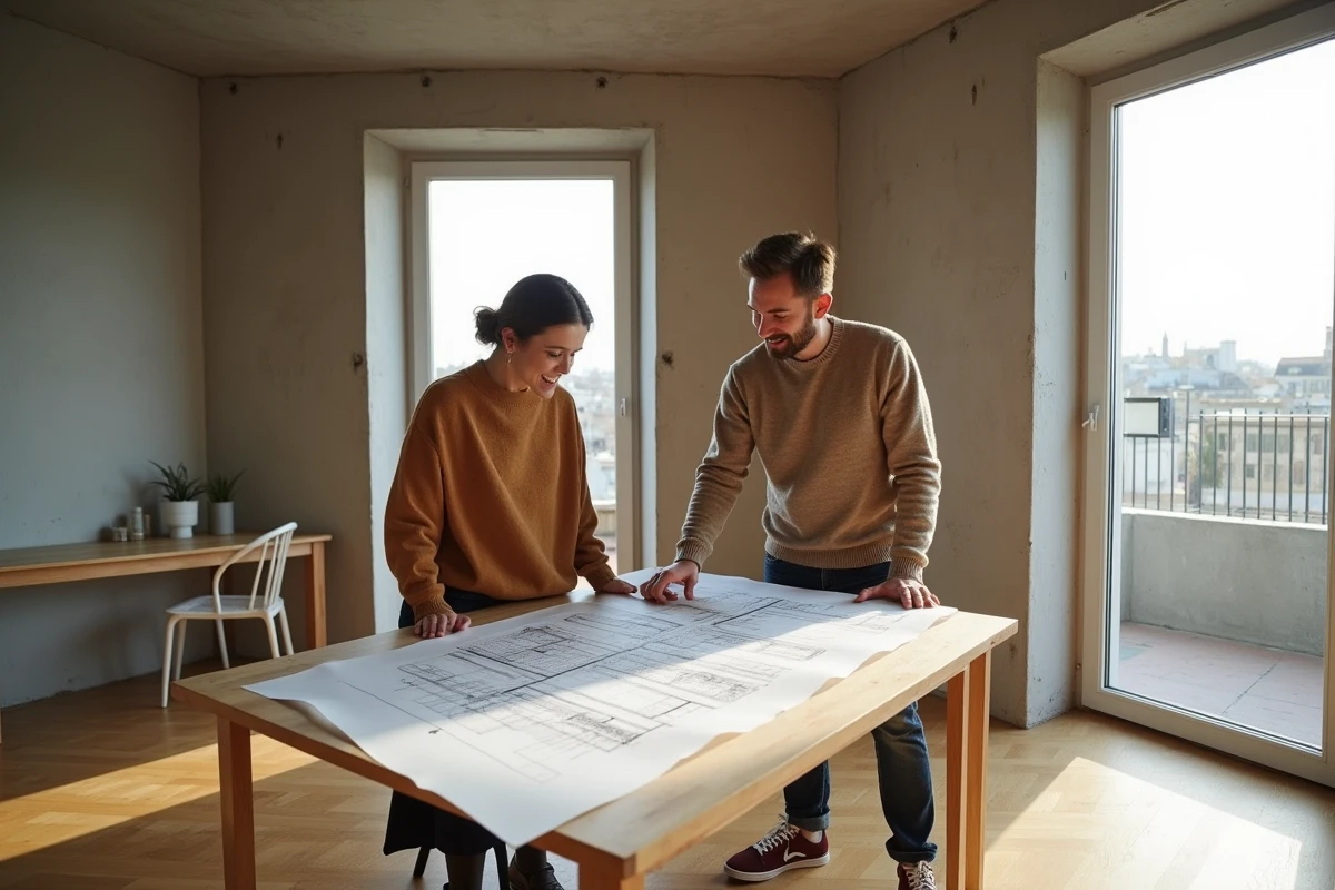 Couple étudiant des plans immobiliers dans un appartement rénové, opportunités d'achat immobilier en 2026