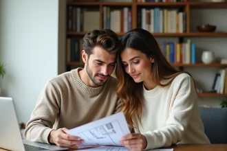 Jeune couple comparant des offres immobilières en ligne et sur papier pour leur premier achat