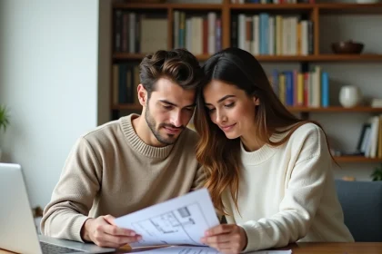 Jeune couple comparant des offres immobilières en ligne et sur papier pour leur premier achat