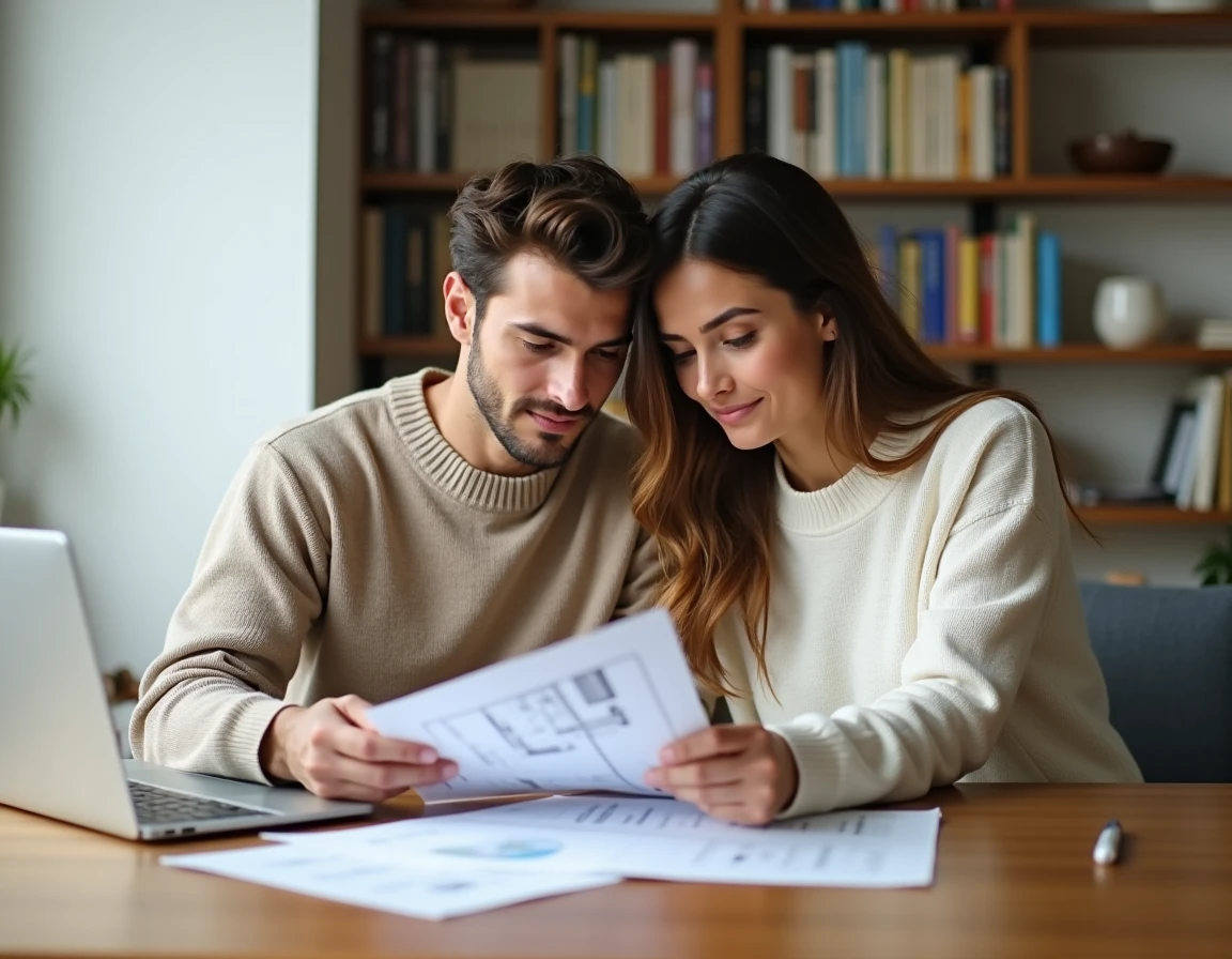 Jeune couple comparant des offres immobilières en ligne et sur papier pour leur premier achat