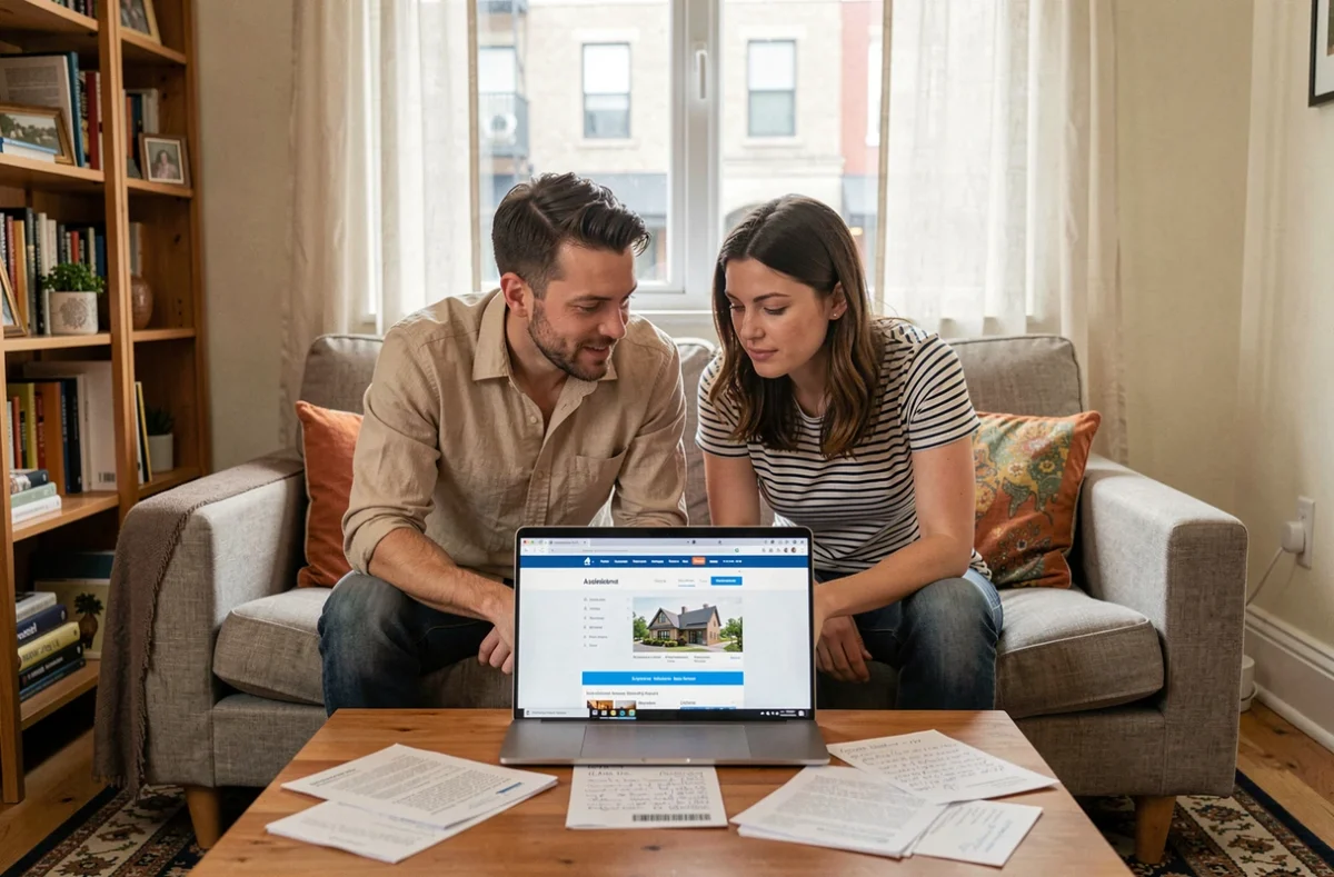 Couple consultant un site d'aide au logement RSA ensemble sur un ordinateur portable dans leur appartement