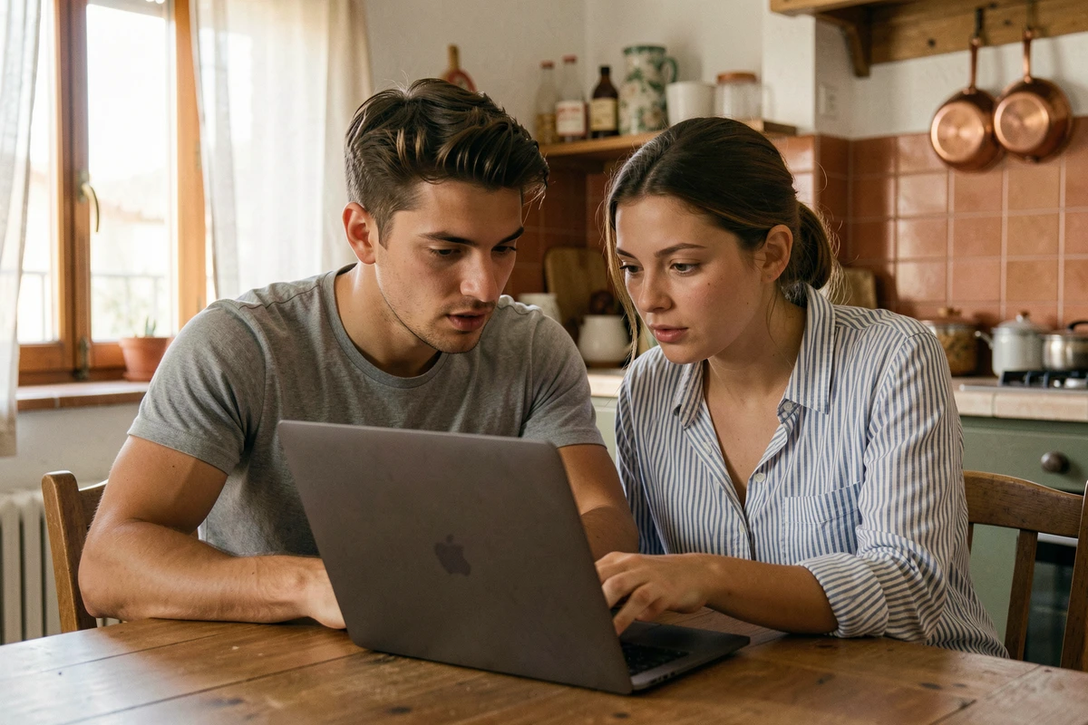 Couple consultant une annonce de location meublée sur ordinateur portable dans un appartement de l'Aude