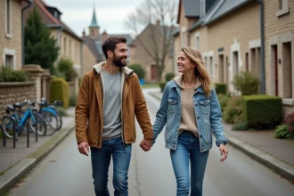 Jeune couple souriant marchant dans une rue de Beauvais