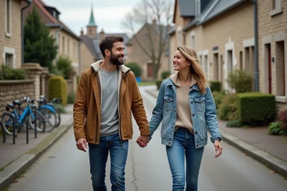 Jeune couple souriant marchant dans une rue de Beauvais