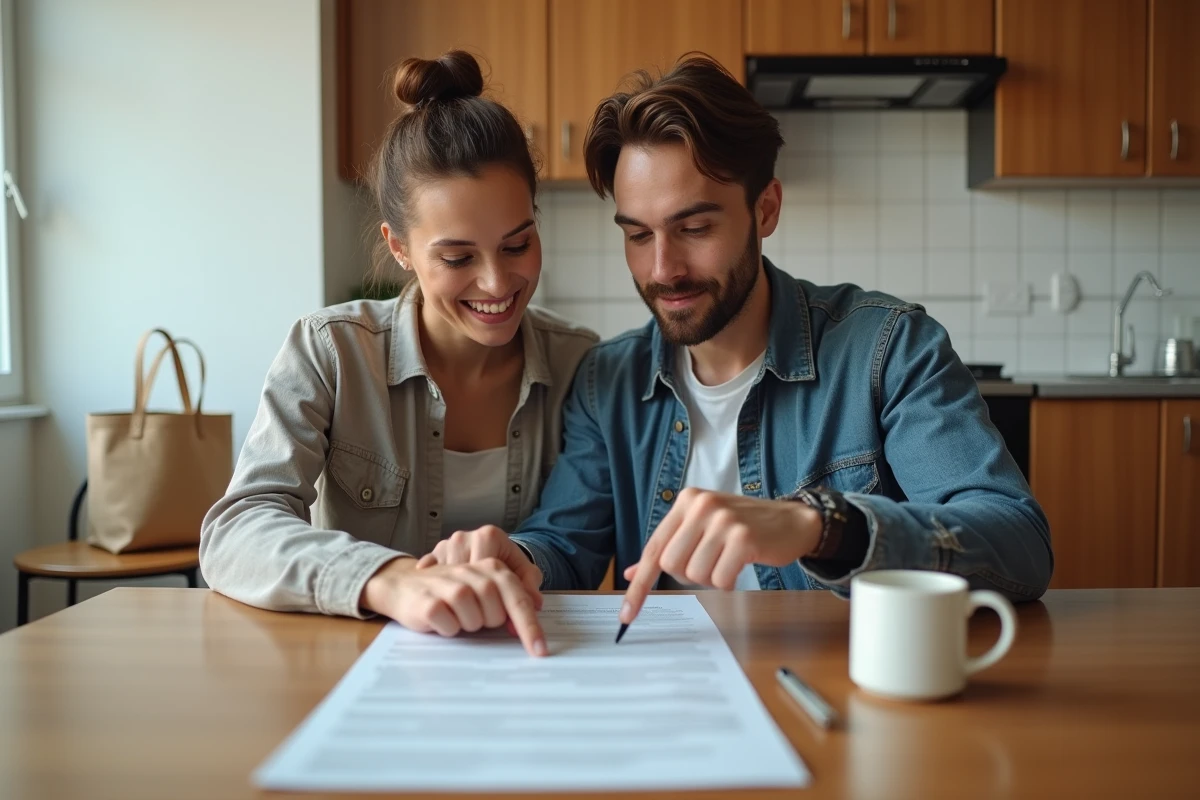 Couple de salariés examinant un contrat de location ensemble à la table de cuisine de leur appartement