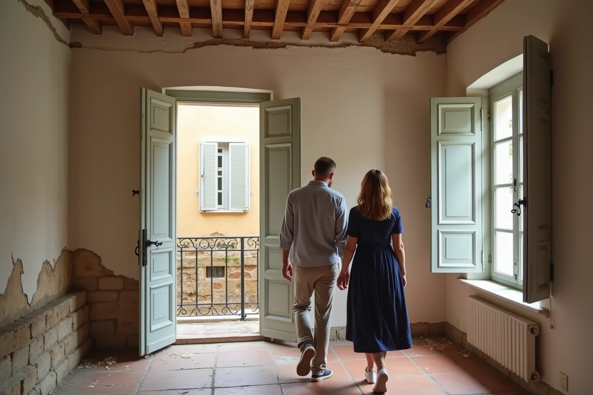 Couple visitant une maison de ville provençale à rénover à Aix-en-Provence, avec tomettes fissurées et poutres en bois d'époque