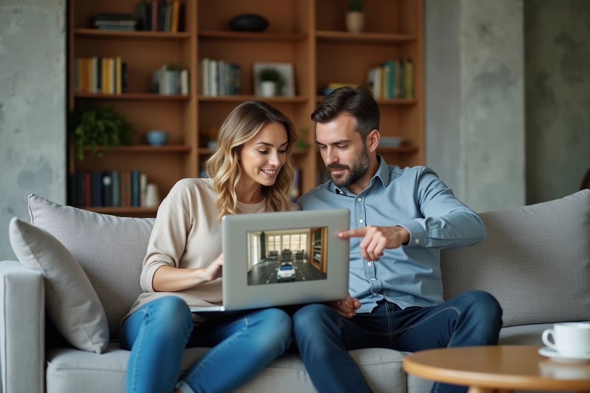 Couple regardant ensemble une visite virtuelle 360 d'une maison sur ordinateur portable depuis leur salon