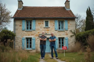 Couple en instance de divorce devant une maison à vendre dans l'Oise avec panneau immobilier