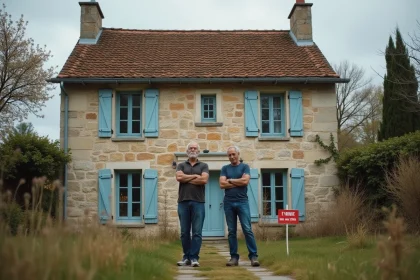 Couple en instance de divorce devant une maison à vendre dans l'Oise avec panneau immobilier