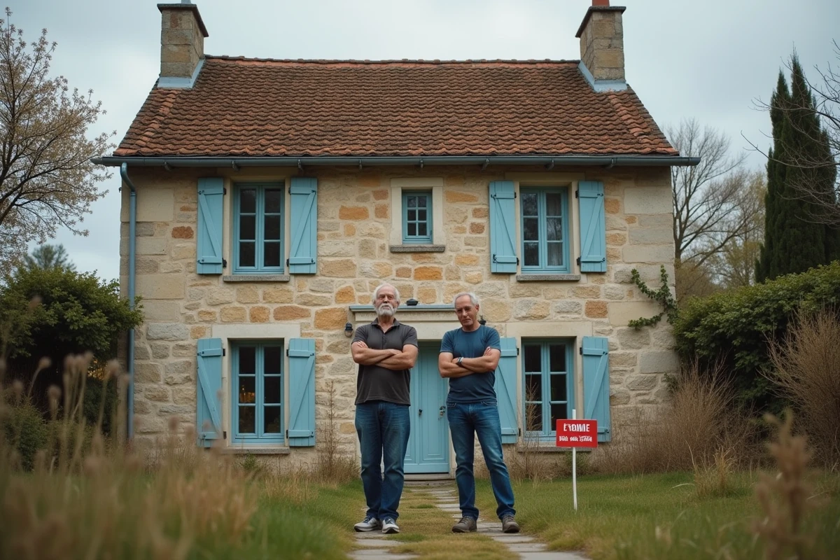 Couple en instance de divorce devant une maison à vendre dans l'Oise avec panneau immobilier