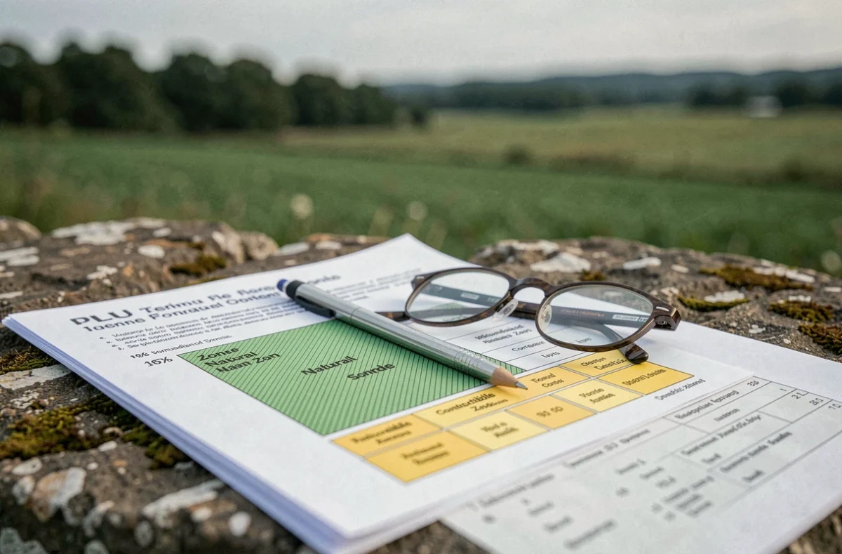 Document PLU ouvert avec zonages naturels colorés posé sur un muret en pierre lors d'une inspection de terrain