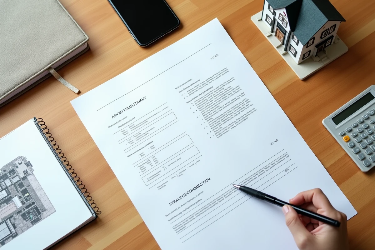 Vue aérienne d'un bureau avec documents immobiliers, plan d'appartement et contrat signé illustrant les services cachés d'Akerys Immobilier