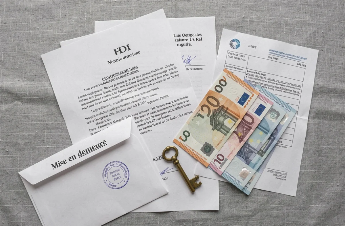 Documents juridiques de consignation de loyer avec mise en demeure, billets en euros et contrat de bail