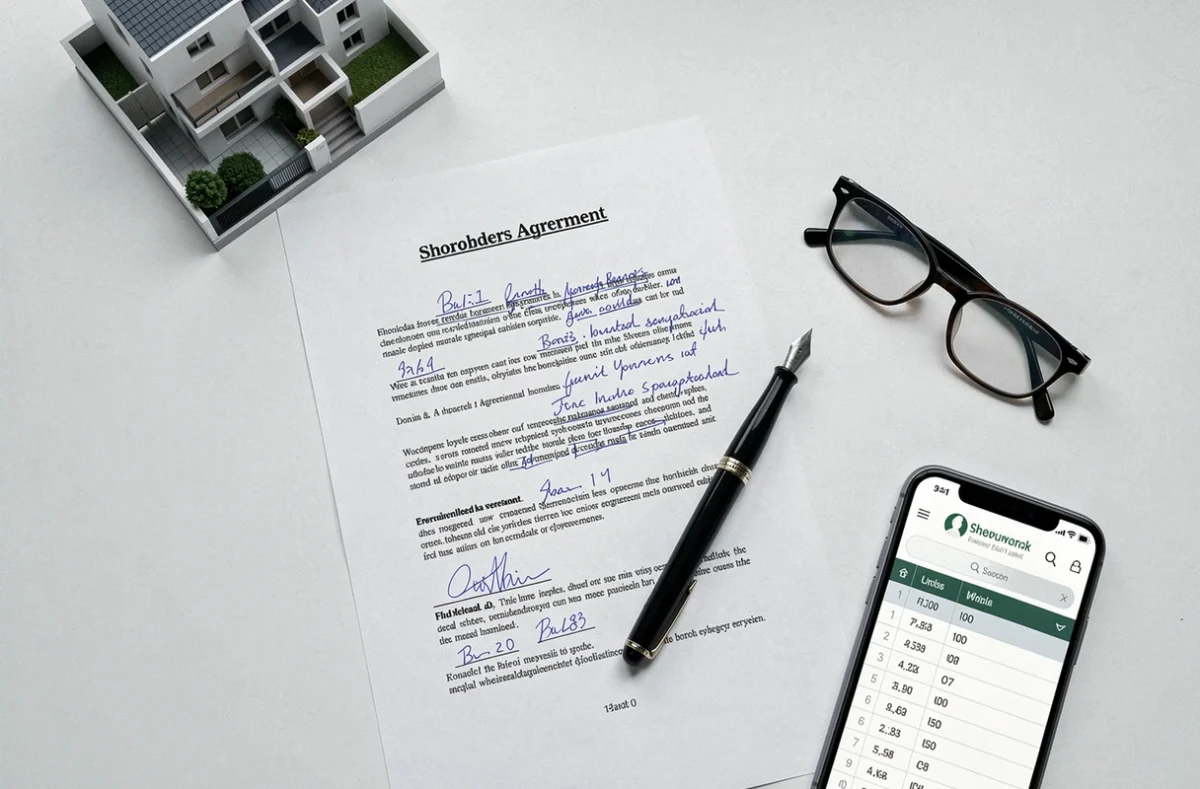 Documents d'un pacte d'associés de SCI annotés à la main posés sur un bureau avec une maquette immobilière
