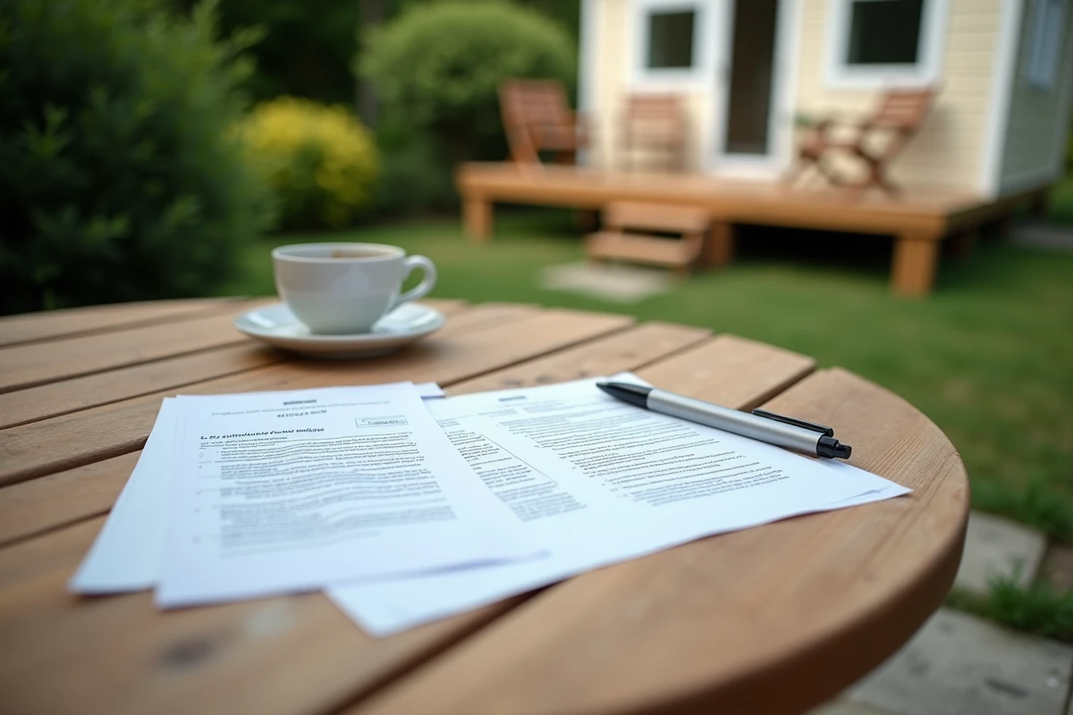 Documents administratifs relatifs à la réglementation des mobil-homes sur terrain privé posés sur une table en bois