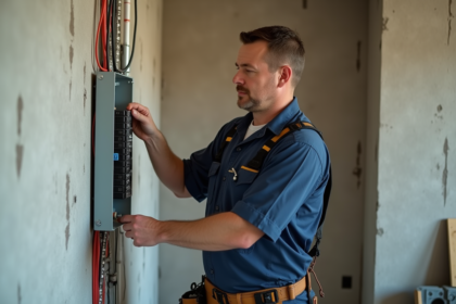Électricien homme installant un disjoncteur dans un panneau électrique