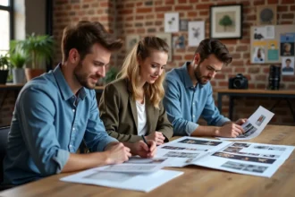 Groupe de professionnels créatifs en réunion dans un studio lumineux