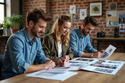 Groupe de professionnels créatifs en réunion dans un studio lumineux
