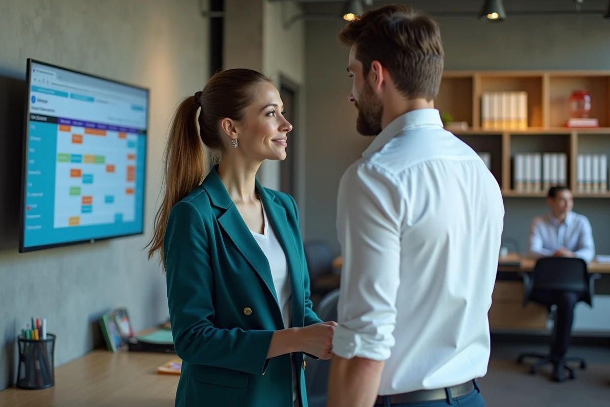 Deux professionnels de l'hébergement analysant un multiplanning sur grand écran dans un espace de coworking