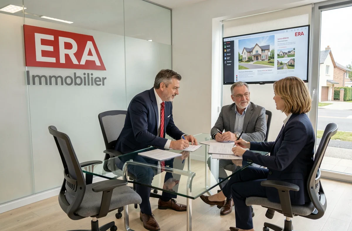 Réunion entre un agent ERA Immobilier et des clients dans une salle de réunion moderne en Seine-et-Marne