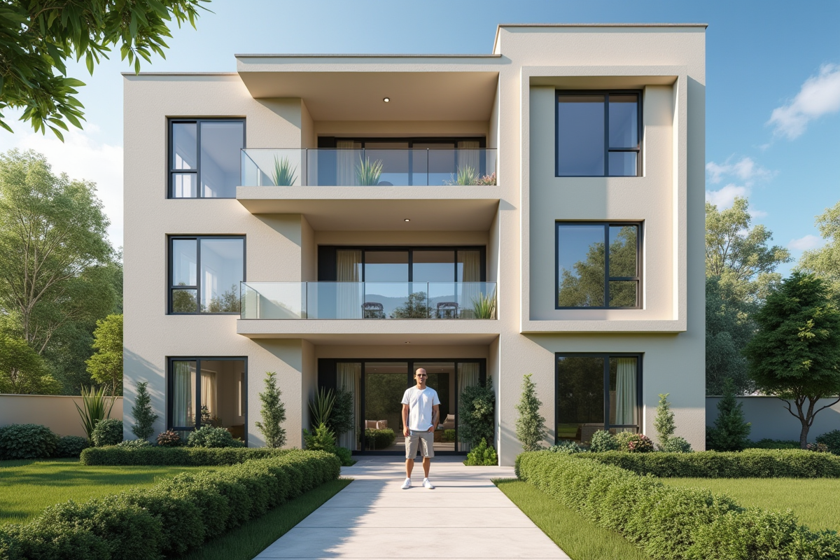 Locataire tenant les clés devant un immeuble rénové en plein soleil