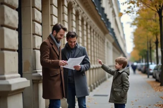 Famille avec enfant devant un immeuble haussmannien en Île-de-France lors d'une visite immobilière