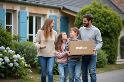 Famille souriante devant maison en pierre en Normandie