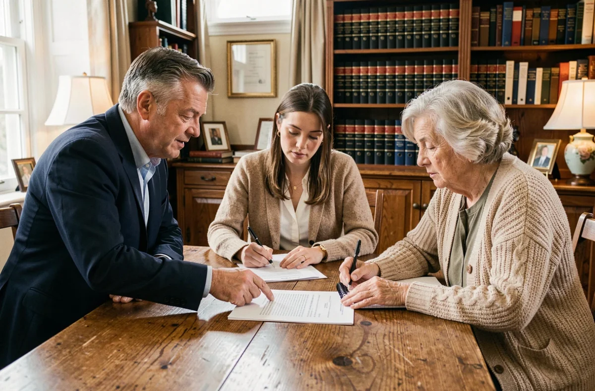 Famille réunie autour d'une table pour examiner les documents d'un pacte d'associés de SCI familiale