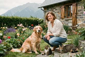 Femme avec son chien golden retriever et son chat devant une petite maison en pierre avec jardin dans les Hautes-Pyrénées