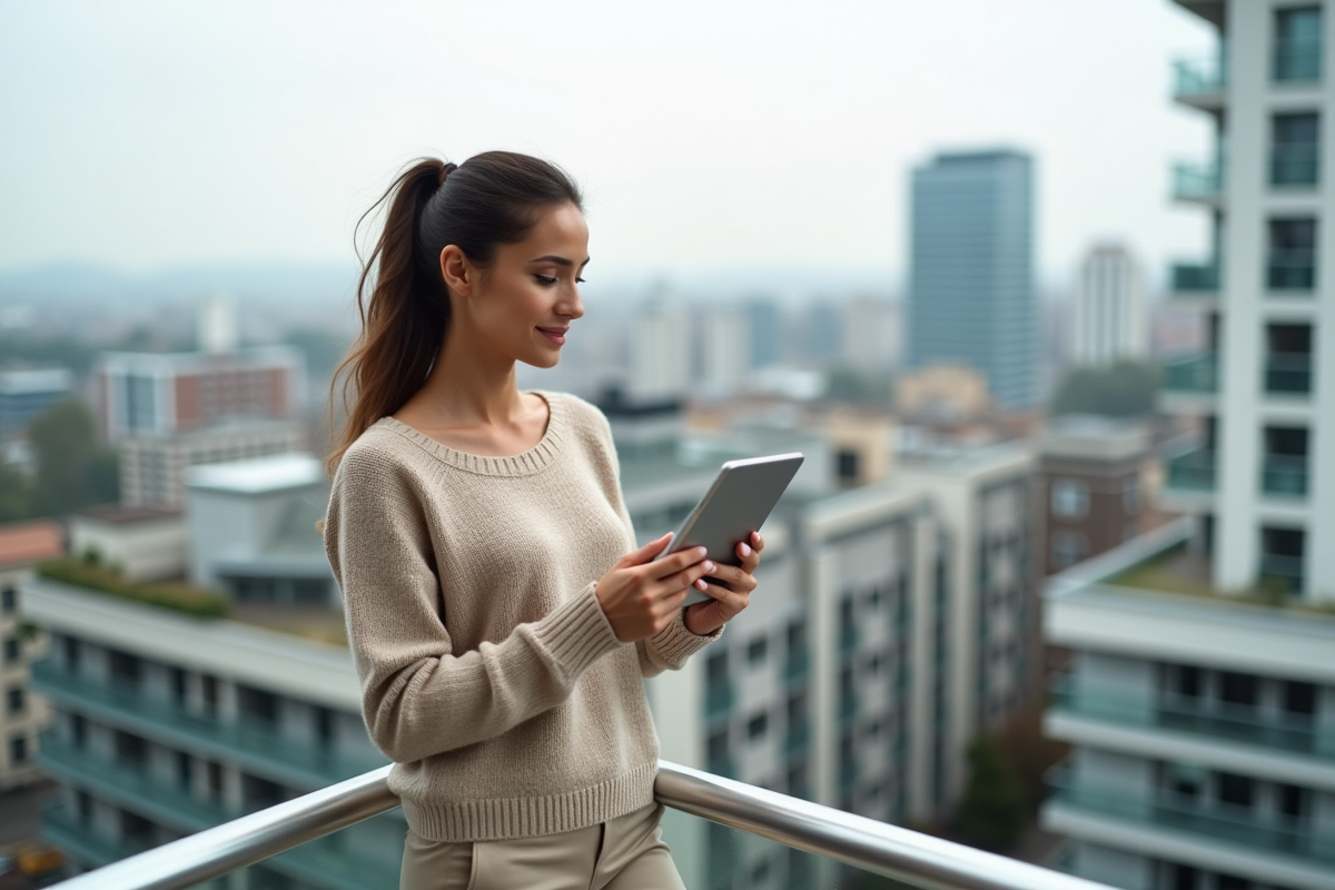 Femme regardant son portefeuille sur un balcon urbain