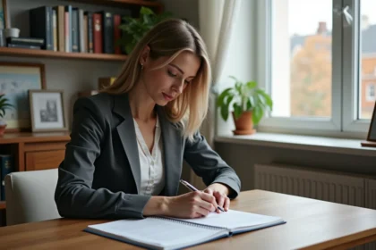 Femme concentrée à son bureau organisé pour un article