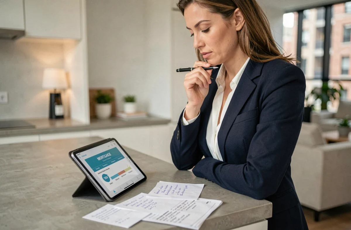 Femme calculant son budget immobilier avec une tablette et des notes manuscrites dans une cuisine moderne