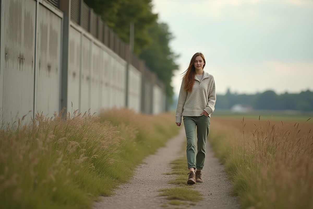 Jeune femme marchant vers un centre commercial en zone rurale