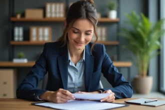 Femme d'affaires souriante examine un contrat immobilier