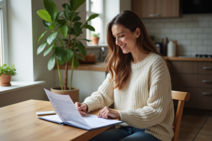 Femme examinant des documents d'assurance maison à la cuisine