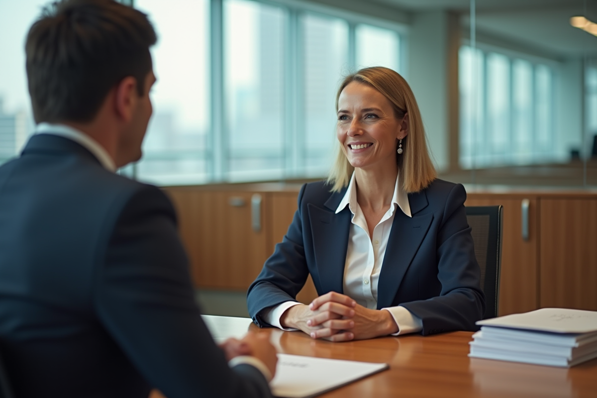 Femme en discussion avec un conseiller immobilier au bureau